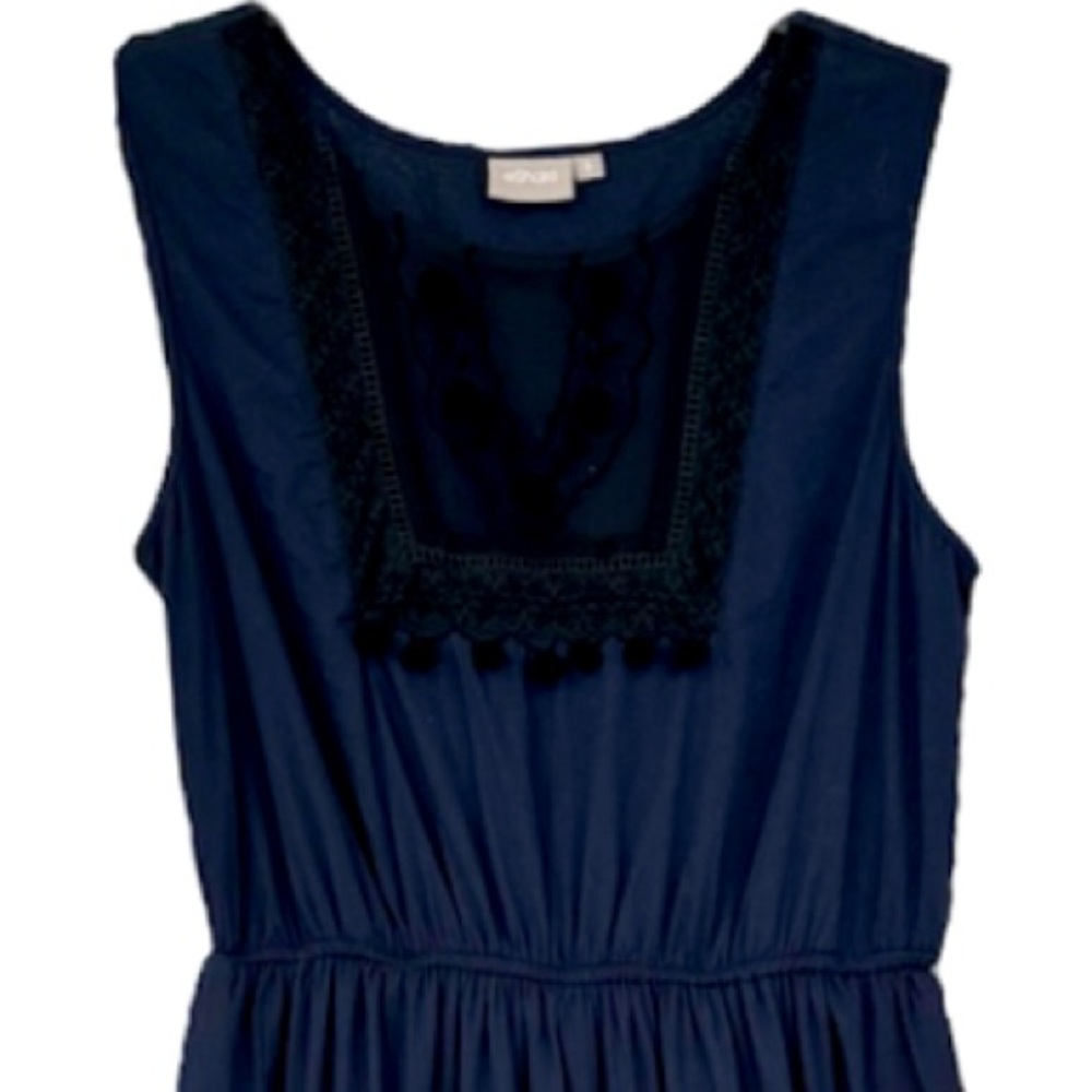 Elegant Maxi Dress Sleeveless Navy Blue Black Pom Lace Embroidered Size Large - Picture 14 of 17